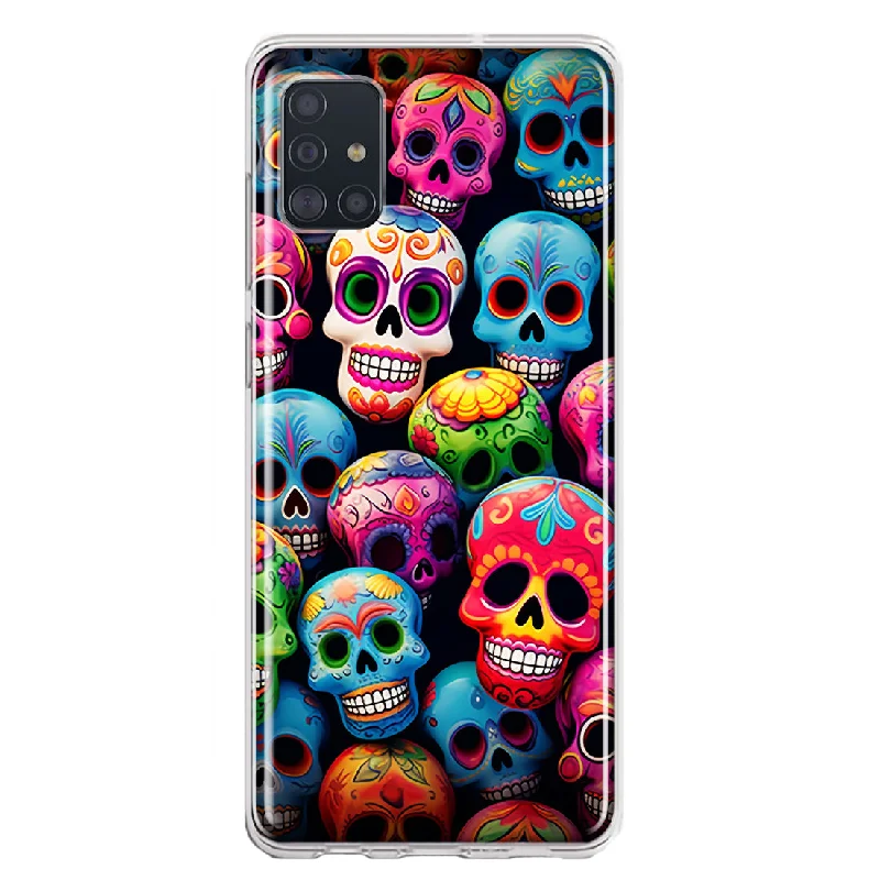 For Samsung Galaxy A51 Halloween Spooky Colorful Day of the Dead Skulls Design Hybrid Protective Phone Case Cover