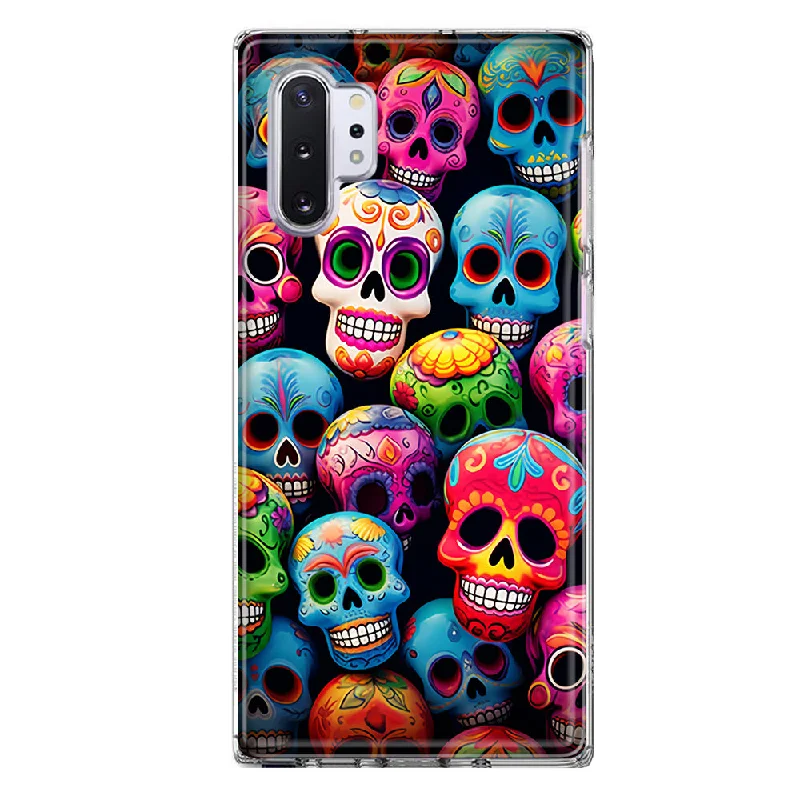 For Samsung Galaxy Note 10 Halloween Spooky Colorful Day of the Dead Skulls Design Hybrid Protective Phone Case Cover