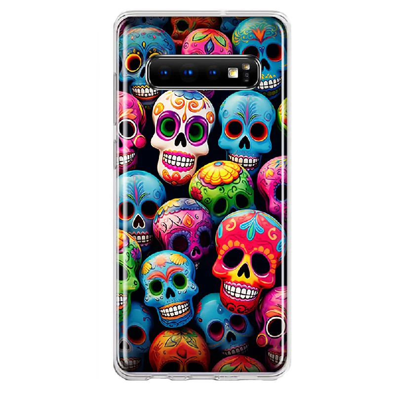 For Samsung Galaxy S10 Halloween Spooky Colorful Day of the Dead Skulls Design Hybrid Protective Phone Case Cover