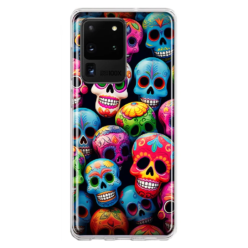 For Samsung Galaxy S20 Ultra Halloween Spooky Colorful Day of the Dead Skulls Design Hybrid Protective Phone Case Cover