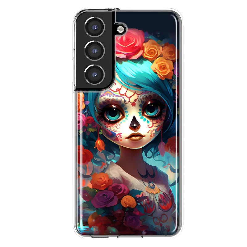 For Samsung Galaxy S21 FE Halloween Spooky Colorful Day of the Dead Skull Girl Design Hybrid Protective Phone Case Cover