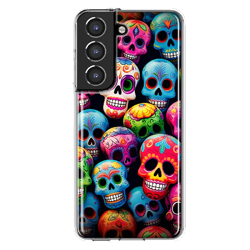 For Samsung Galaxy S21 FE Halloween Spooky Colorful Day of the Dead Skulls Design Hybrid Protective Phone Case Cover