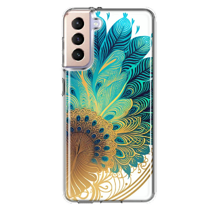 For Samsung Galaxy S21 Mandala Geometry Abstract Peacock Feather Pattern Design Hybrid Protective Phone Case Cover