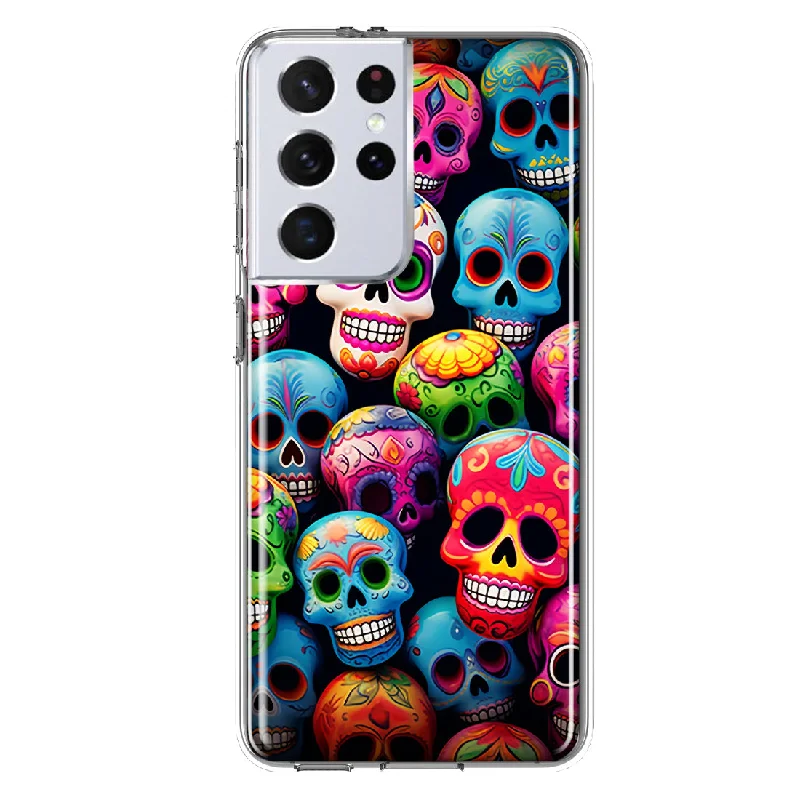 For Samsung Galaxy S21 Ultra Halloween Spooky Colorful Day of the Dead Skulls Design Hybrid Protective Phone Case Cover