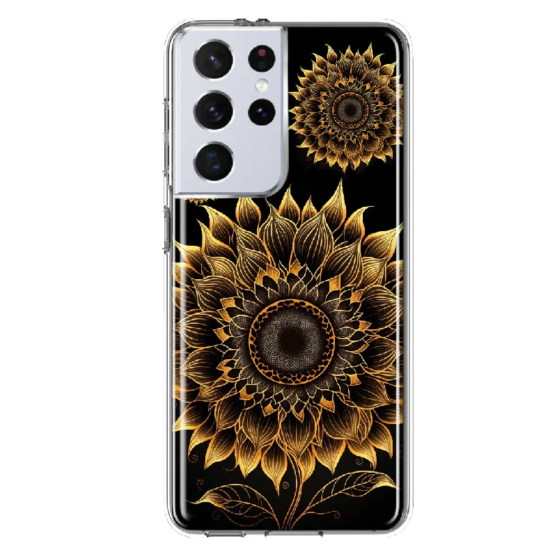 For Samsung Galaxy S21 Ultra Mandala Geometry Abstract Sunflowers Pattern Design Hybrid Protective Phone Case Cover