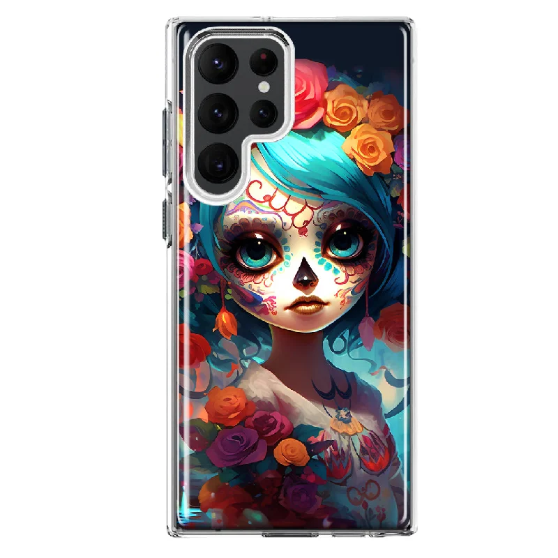 For Samsung Galaxy S22 Ultra Halloween Spooky Colorful Day of the Dead Skull Girl Design Hybrid Protective Phone Case Cover