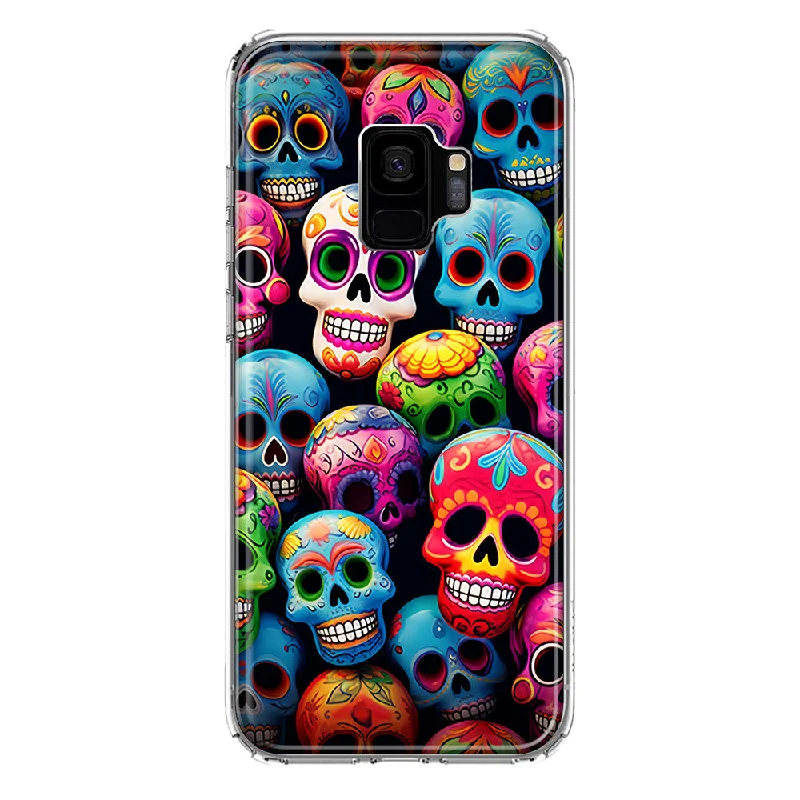 For Samsung Galaxy S9 Halloween Spooky Colorful Day of the Dead Skulls Design Hybrid Protective Phone Case Cover