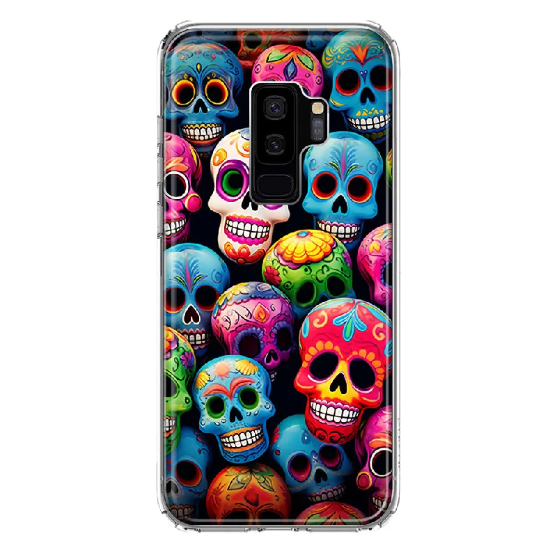 For Samsung Galaxy S9 Plus Halloween Spooky Colorful Day of the Dead Skulls Design Hybrid Protective Phone Case Cover