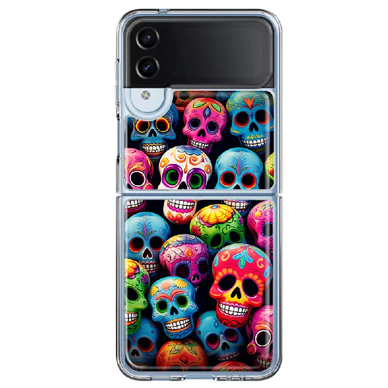 For Samsung Galaxy Z Flip 4 Halloween Spooky Colorful Day of the Dead Skulls Design Hybrid Protective Phone Case Cover