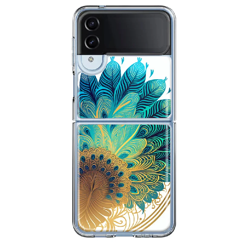 For Samsung Galaxy Z Flip 4 Mandala Geometry Abstract Peacock Feather Pattern Design Hybrid Protective Phone Case Cover