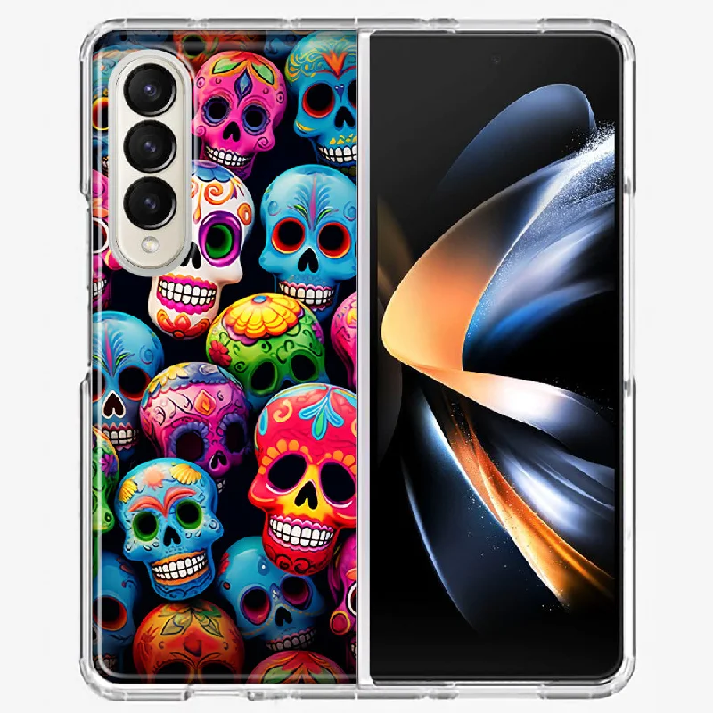 For Samsung Galaxy Z Fold 4 Halloween Spooky Colorful Day of the Dead Skulls Design Hybrid Protective Phone Case Cover